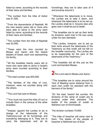 listed by name, according to the records     furnishings; they are to take care of it
of their clans and families.                 and encamp around it.

41                                           51
 The number from the tribe of Asher            Whenever the tabernacle is to move,
was 41,500.                                  the Levites are to take it down, and
                                             whenever the tabernacle is to be set up,
42
   From the descendants of Naphtali: All     the Levites shall do it. Anyone else who
the men twenty years old or more who         goes near it shall be put to death.
were able to serve in the army were
                                             52
listed by name, according to the records      The Israelites are to set up their tents
of their clans and families.                 by divisions, each man in his own camp
                                             under his own standard.
43
 The number from the tribe of Naphtali
                                             53
was 53,400.                                    The Levites, however, are to set up
                                             their tents around the tabernacle of the
44
  These were the men counted by              Testimony so that wrath will not fall on
Moses and Aaron and the twelve               the Israelite community. The Levites are
leaders of Israel, each one representing     to be responsible for the care of the
his family.                                  tabernacle of the Testimony."

                                             54
45
  All the Israelites twenty years old or      The Israelites did all this just as the
more who were able to serve in Israel's      Lord commanded Moses.
army were counted according to their
families.

46
                                             2The Lord said to Moses and Aaron:
 The total number was 603,550.
                                             2
47
                                              "The Israelites are to camp around the
  The families of the tribe of Levi,         Tent of Meeting some distance from it,
however, were not counted along with         each man under his standard with the
the others.                                  banners of his family."
48                                           3
 The Lord had said to Moses:                  On the east, toward the sunrise, the
                                             divisions of the camp of Judah are to
49
  "You must not count the tribe of Levi or   encamp under their standard. The
include them in the census of the other      leader of the people of Judah is
Israelites.                                  Nahshon son of Amminadab.

50                                           4
 Instead, appoint the Levites to be in       His division numbers 74,600.
charge of the tabernacle of the
Testimony-over all its furnishings and       5
                                              The tribe of Issachar will camp next to
everything belonging to it. They are to      them. The leader of the people of
carry the tabernacle and all its             Issachar is Nethanel son of Zuar.
 