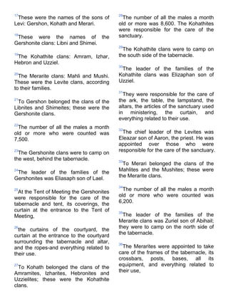 17                                         28
 These were the names of the sons of         The number of all the males a month
Levi: Gershon, Kohath and Merari.          old or more was 8,600. The Kohathites
                                           were responsible for the care of the
18
 These were the names of the               sanctuary.
Gershonite clans: Libni and Shimei.
                                           29
                                             The Kohathite clans were to camp on
19
 The Kohathite clans: Amram, Izhar,        the south side of the tabernacle.
Hebron and Uzziel.
                                           30
                                            The leader of the families of the
20
  The Merarite clans: Mahli and Mushi.     Kohathite clans was Elizaphan son of
These were the Levite clans, according     Uzziel.
to their families.
                                           31
                                             They were responsible for the care of
21
  To Gershon belonged the clans of the     the ark, the table, the lampstand, the
Libnites and Shimeites; these were the     altars, the articles of the sanctuary used
Gershonite clans.                          in ministering, the curtain, and
                                           everything related to their use.
22
  The number of all the males a month      32
old or more who were counted was             The chief leader of the Levites was
7,500.                                     Eleazar son of Aaron, the priest. He was
                                           appointed over those who were
23                                         responsible for the care of the sanctuary.
  The Gershonite clans were to camp on
the west, behind the tabernacle.           33
                                             To Merari belonged the clans of the
24
 The leader of the families of the         Mahlites and the Mushites; these were
Gershonites was Eliasaph son of Lael.      the Merarite clans.

                                           34
25
  At the Tent of Meeting the Gershonites     The number of all the males a month
                                           old or more who were counted was
were responsible for the care of the
tabernacle and tent, its coverings, the    6,200.
curtain at the entrance to the Tent of     35
Meeting,                                     The leader of the families of the
                                           Merarite clans was Zuriel son of Abihail;
26                                         they were to camp on the north side of
  the curtains of the courtyard, the
curtain at the entrance to the courtyard   the tabernacle.
surrounding the tabernacle and altar,      36
and the ropes-and everything related to      The Merarites were appointed to take
their use.                                 care of the frames of the tabernacle, its
                                           crossbars, posts, bases, all its
27
  To Kohath belonged the clans of the      equipment, and everything related to
                                           their use,
Amramites, Izharites, Hebronites and
Uzzielites; these were the Kohathite
clans.
 
