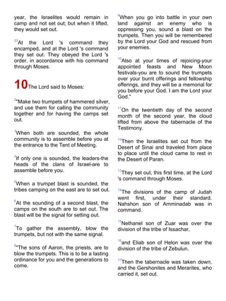 9
year, the Israelites would remain in          When you go into battle in your own
camp and not set out; but when it lifted,    land against an enemy who is
they would set out.                          oppressing you, sound a blast on the
                                             trumpets. Then you will be remembered
23
  At the Lord 's command they                by the Lord your God and rescued from
encamped, and at the Lord 's command         your enemies.
they set out. They obeyed the Lord 's
                                             10
order, in accordance with his command          Also at your times of rejoicing-your
through Moses.                               appointed feasts and New Moon
                                             festivals-you are to sound the trumpets
                                             over your burnt offerings and fellowship
10The Lord said to Moses:                    offerings, and they will be a memorial for
                                             you before your God. I am the Lord your
2
                                             God."
 "Make two trumpets of hammered silver,
and use them for calling the community       11
                                                On the twentieth day of the second
together and for having the camps set        month of the second year, the cloud
out.                                         lifted from above the tabernacle of the
3
                                             Testimony.
 When both are sounded, the whole
community is to assemble before you at       12
                                               Then the Israelites set out from the
the entrance to the Tent of Meeting.         Desert of Sinai and traveled from place
4
                                             to place until the cloud came to rest in
 If only one is sounded, the leaders-the     the Desert of Paran.
heads of the clans of Israel-are to
assemble before you.                         13
                                               They set out, this first time, at the Lord
5
                                             's command through Moses.
 When a trumpet blast is sounded, the
tribes camping on the east are to set out.   14
                                              The divisions of the camp of Judah
6
                                             went first, under their standard.
 At the sounding of a second blast, the      Nahshon son of Amminadab was in
camps on the south are to set out. The       command.
blast will be the signal for setting out.
                                             15
7
                                               Nethanel son of Zuar was over the
 To gather the assembly, blow the            division of the tribe of Issachar,
trumpets, but not with the same signal.
                                             16
8
                                               and Eliab son of Helon was over the
 "The sons of Aaron, the priests, are to     division of the tribe of Zebulun.
blow the trumpets. This is to be a lasting
ordinance for you and the generations to     17
                                              Then the tabernacle was taken down,
come.                                        and the Gershonites and Merarites, who
                                             carried it, set out.
 
