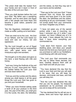 4
 The priest shall take the basket from          and the widow, so that they may eat in
your hands and set it down in front of          your towns and be satisfied.
the altar of the Lord your God.
                                                13
                                                  Then say to the Lord your God: "I have
5
 Then you shall declare before the Lord         removed from my house the sacred
your God: "My father was a wandering            portion and have given it to the Levite,
Aramean, and he went down into Egypt            the alien, the fatherless and the widow,
with a few people and lived there and           according to all you commanded. I have
became a great nation, powerful and             not turned aside from your commands
numerous.                                       nor have I forgotten any of them.

6                                               14
But the Egyptians mistreated us and               I have not eaten any of the sacred
made us suffer, putting us to hard labor.       portion while I was in mourning, nor
                                                have I removed any of it while I was
7
 Then we cried out to the Lord , the God        unclean, nor have I offered any of it to
of our fathers, and the Lord heard our          the dead. I have obeyed the Lord my
voice and saw our misery, toil and              God; I have done everything you
oppression.                                     commanded me.

                                                15
8
 So the Lord brought us out of Egypt              Look down from heaven, your holy
with a mighty hand and an outstretched          dwelling place, and bless your people
arm, with great terror and with                 Israel and the land you have given us as
miraculous signs and wonders.                   you promised on oath to our forefathers,
                                                a land flowing with milk and honey."
9
 He brought us to this place and gave us        16
this land, a land flowing with milk and           The Lord your God commands you
honey;                                          this day to follow these decrees and
                                                laws; carefully observe them with all
10
  and now I bring the firstfruits of the soil   your heart and with all your soul.
that you, O Lord , have given me." Place        17
the basket before the Lord your God               You have declared this day that the
and bow down before him.                        Lord is your God and that you will walk
                                                in his ways, that you will keep his
11
  And you and the Levites and the aliens        decrees, commands and laws, and that
among you shall rejoice in all the good         you will obey him.
things the Lord your God has given to           18
you and your household.                           And the Lord has declared this day
                                                that you are his people, his treasured
12
   When you have finished setting aside         possession as he promised, and that
                                                you are to keep all his commands.
a tenth of all your produce in the third
year, the year of the tithe, you shall give     19
it to the Levite, the alien, the fatherless      He has declared that he will set you in
                                                praise, fame and honor high above all
 