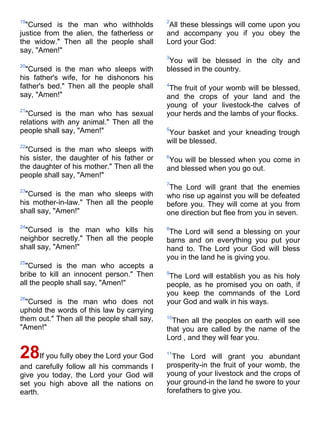 19                                          2
  "Cursed is the man who withholds           All these blessings will come upon you
justice from the alien, the fatherless or   and accompany you if you obey the
the widow." Then all the people shall       Lord your God:
say, "Amen!"
                                            3
                                             You will be blessed in the city and
20
  "Cursed is the man who sleeps with        blessed in the country.
his father's wife, for he dishonors his
father's bed." Then all the people shall    4
                                             The fruit of your womb will be blessed,
say, "Amen!"                                and the crops of your land and the
                                            young of your livestock-the calves of
21
  "Cursed is the man who has sexual         your herds and the lambs of your flocks.
relations with any animal." Then all the
people shall say, "Amen!"                   5
                                            Your basket and your kneading trough
                                            will be blessed.
22
  "Cursed is the man who sleeps with
his sister, the daughter of his father or   6
                                             You will be blessed when you come in
the daughter of his mother." Then all the   and blessed when you go out.
people shall say, "Amen!"
                                            7
23
                                             The Lord will grant that the enemies
  "Cursed is the man who sleeps with        who rise up against you will be defeated
his mother-in-law." Then all the people     before you. They will come at you from
shall say, "Amen!"                          one direction but flee from you in seven.
24
 "Cursed is the man who kills his           8
                                             The Lord will send a blessing on your
neighbor secretly." Then all the people     barns and on everything you put your
shall say, "Amen!"                          hand to. The Lord your God will bless
                                            you in the land he is giving you.
25
  "Cursed is the man who accepts a
bribe to kill an innocent person." Then     9
                                             The Lord will establish you as his holy
all the people shall say, "Amen!"           people, as he promised you on oath, if
                                            you keep the commands of the Lord
26
  "Cursed is the man who does not           your God and walk in his ways.
uphold the words of this law by carrying
them out." Then all the people shall say,   10
                                              Then all the peoples on earth will see
"Amen!"                                     that you are called by the name of the
                                            Lord , and they will fear you.

28If you fully obey the Lord your God       11
                                              The Lord will grant you abundant
and carefully follow all his commands I     prosperity-in the fruit of your womb, the
give you today, the Lord your God will      young of your livestock and the crops of
set you high above all the nations on       your ground-in the land he swore to your
earth.                                      forefathers to give you.
 