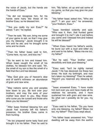 the voice of Jacob, but the hands are        him, "My father, sit up and eat some of
the hands of Esau."                          my game, so that you may give me your
                                             blessing."
23
 He did not recognize him, for his
                                             32
hands were hairy like those of his             His father Isaac asked him, "Who are
brother Esau; so he blessed him.             you?" "I am your son," he answered,
                                             "your firstborn, Esau."
24
 "Are you really my son Esau?" he
                                             33
asked. "I am," he replied.                    Isaac trembled violently and said,
                                             "Who was it, then, that hunted game
25
  Then he said, "My son, bring me some       and brought it to me? I ate it just before
of your game to eat, so that I may give      you came and I blessed him-and indeed
you my blessing." Jacob brought it to        he will be blessed!"
him and he ate; and he brought some
                                             34
wine and he drank.                            When Esau heard his father's words,
                                             he burst out with a loud and bitter cry
26
  Then his father Isaac said to him,         and said to his father, "Bless me-me too,
"Come here, my son, and kiss me."            my father!"

                                             35
27
  So he went to him and kissed him.           But he said, "Your brother came
When Isaac caught the smell of his           deceitfully and took your blessing."
clothes, he blessed him and said, "Ah,
                                             36
the smell of my son is like the smell of a     Esau said, "Isn't he rightly named
field that the Lord has blessed.             Jacob ? He has deceived me these two
                                             times: He took my birthright, and now
28
  May God give you of heaven's dew           he's taken my blessing!" Then he asked,
and of earth's richness- an abundance        "Haven't you reserved any blessing for
of grain and new wine.                       me?"

                                             37
29
  May nations serve you and peoples            Isaac answered Esau, "I have made
bow down to you. Be lord over your           him lord over you and have made all his
brothers, and may the sons of your           relatives his servants, and I have
mother bow down to you. May those            sustained him with grain and new wine.
who curse you be cursed and those who        So what can I possibly do for you, my
bless you be blessed."                       son?"

                                             38
30
  After Isaac finished blessing him and        Esau said to his father, "Do you have
Jacob had scarcely left his father's         only one blessing, my father? Bless me
presence, his brother Esau came in           too, my father!" Then Esau wept aloud.
from hunting.
                                             39
                                              His father Isaac answered him, "Your
31
 He too prepared some tasty food and         dwelling will be away from the earth's
brought it to his father. Then he said to
 