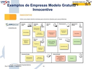 Exemplos de Empresas Modelo Gratuito -
Innocentive
Fonte: Luz Geração Empreendedora
Prof. Nivaldo T. Marcusso 16
 