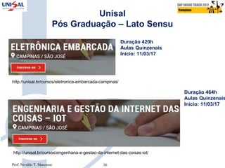 Unisal
Pós Graduação – Lato Sensu
http://unisal.br/cursos/engenharia-e-gestao-da-internet-das-coisas-iot/
http://unisal.br/cursos/eletronica-embarcada-campinas/
Duração 420h
Aulas Quinzenais
Início: 11/03/17
Duração 464h
Aulas Quinzenais
Início: 11/03/17
Prof. Nivaldo T. Marcusso 30
 