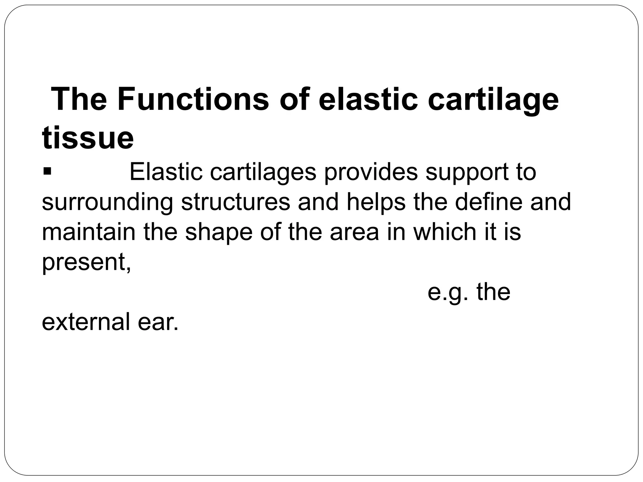 The Functions of elastic cartilage
tissue
 Elastic cartilages provides support to
surrounding structures and helps the define and
maintain the shape of the area in which it is
present,
e.g. the
external ear.
 