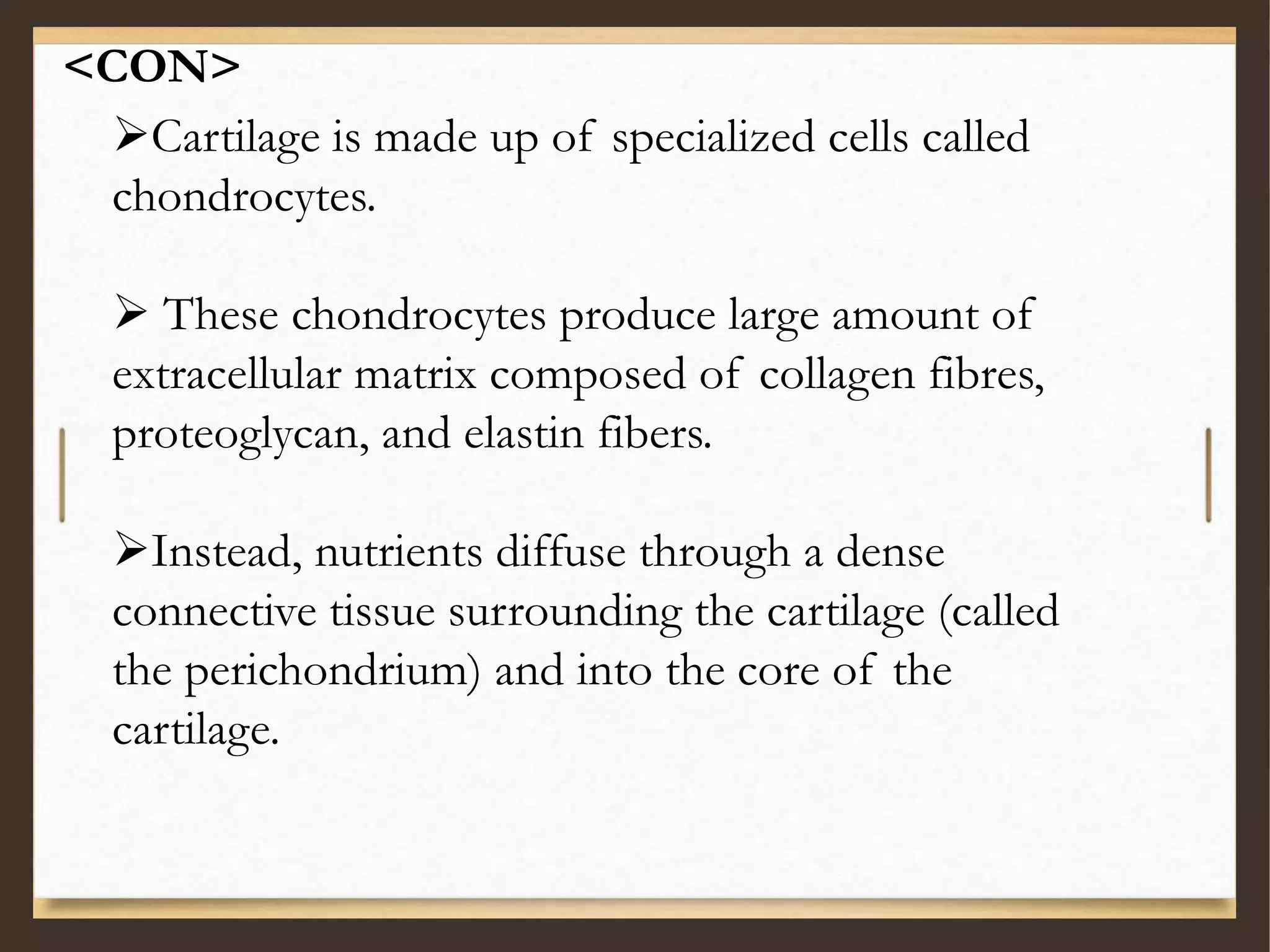 Cartilage is made up of specialized cells called
chondrocytes.
 These chondrocytes produce large amount of
extracellular matrix composed of collagen fibres,
proteoglycan, and elastin fibers.
Instead, nutrients diffuse through a dense
connective tissue surrounding the cartilage (called
the perichondrium) and into the core of the
cartilage.
<CON>
 