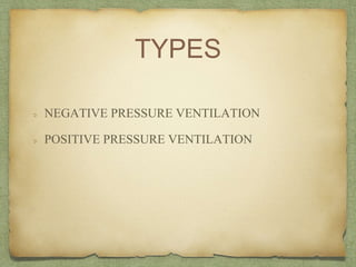 TYPES
NEGATIVE PRESSURE VENTILATION
POSITIVE PRESSURE VENTILATION
 
