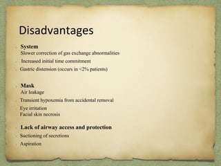 Disadvantages
System
Slower correction of gas exchange abnormalities
Increased initial time commitment
Gastric distension (occurs in <2% patients)
Mask
Air leakage
Transient hypoxemia from accidental removal
Eye irritation
Facial skin necrosis
Lack of airway access and protection
Suctioning of secretions
Aspiration
 
