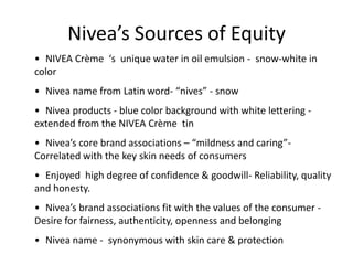 Nivea’s Sources of Equity
• NIVEA Crème ‘s unique water in oil emulsion - snow-white in
color
• Nivea name from Latin word- “nives” - snow
• Nivea products - blue color background with white lettering -
extended from the NIVEA Crème tin
• Nivea’s core brand associations – “mildness and caring”-
Correlated with the key skin needs of consumers
• Enjoyed high degree of confidence & goodwill- Reliability, quality
and honesty.
• Nivea’s brand associations fit with the values of the consumer -
Desire for fairness, authenticity, openness and belonging
• Nivea name - synonymous with skin care & protection
 