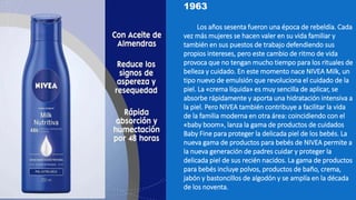 1963
Los años sesenta fueron una época de rebeldía. Cada
vez más mujeres se hacen valer en su vida familiar y
también en sus puestos de trabajo defendiendo sus
propios intereses, pero este cambio de ritmo de vida
provoca que no tengan mucho tiempo para los rituales de
belleza y cuidado. En este momento nace NIVEA Milk, un
tipo nuevo de emulsión que revoluciona el cuidado de la
piel. La «crema líquida» es muy sencilla de aplicar, se
absorbe rápidamente y aporta una hidratación intensiva a
la piel. Pero NIVEA también contribuye a facilitar la vida
de la familia moderna en otra área: coincidiendo con el
«baby boom», lanza la gama de productos de cuidados
Baby Fine para proteger la delicada piel de los bebés. La
nueva gama de productos para bebés de NIVEA permite a
la nueva generación de padres cuidar y proteger la
delicada piel de sus recién nacidos. La gama de productos
para bebés incluye polvos, productos de baño, crema,
jabón y bastoncillos de algodón y se amplía en la década
de los noventa.
 