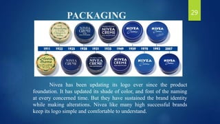 PACKAGING
Nivea has been updating its logo ever since the product
foundation. It has updated its shade of color, and font of the naming
at every concerned time. But they have sustained the brand identity
while making alterations. Nivea like many high successful brands
keep its logo simple and comfortable to understand.
29
 