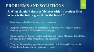 PROBLEMS AND SOLUTIONS
3. What should Beiersdorf do next with its product line?
Where is the future growth for the brand ?
• Stretching product line for high class consumers.
• Adaption of international Ad campaigns at the local level to reduce costs of
different production formulations & packaging
• Nivea can also go through Online marketing and Digital Marketing for all their
products as most of the products are still unknown
• They can focus on large population countries to sell their products more like
China, India, Russia and can get more revenue.
36
 