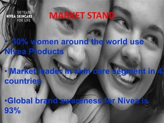 MARKET STAND
• 30% women around the world
use Nivea Products
• Market leader in skin care
segment in 42 countries
•Global brand awareness for
Nivea is 93%
 