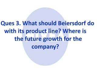 Ques 3. What should Beiersdorf do
with its product line? Where is
the future growth for the
company?
 
