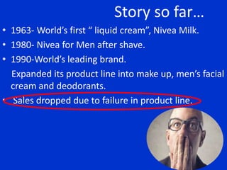 The story so far…
Story so far…
• 1963- World’s first “ liquid cream”, Nivea Milk.
• 1980- Nivea for Men after shave.
• 1990-World’s leading brand.
Expanded its product line into make up, men’s facial
cream and deodorants.
• Sales dropped due to failure in product line.
 