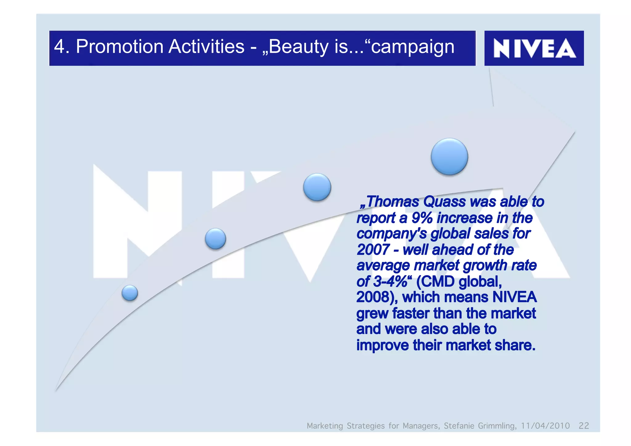 4. Promotion Activities - „Beauty is...“campaign




                              Marketing Strategies for Managers, Stefanie Grimmling, 11/04/2010 22
 