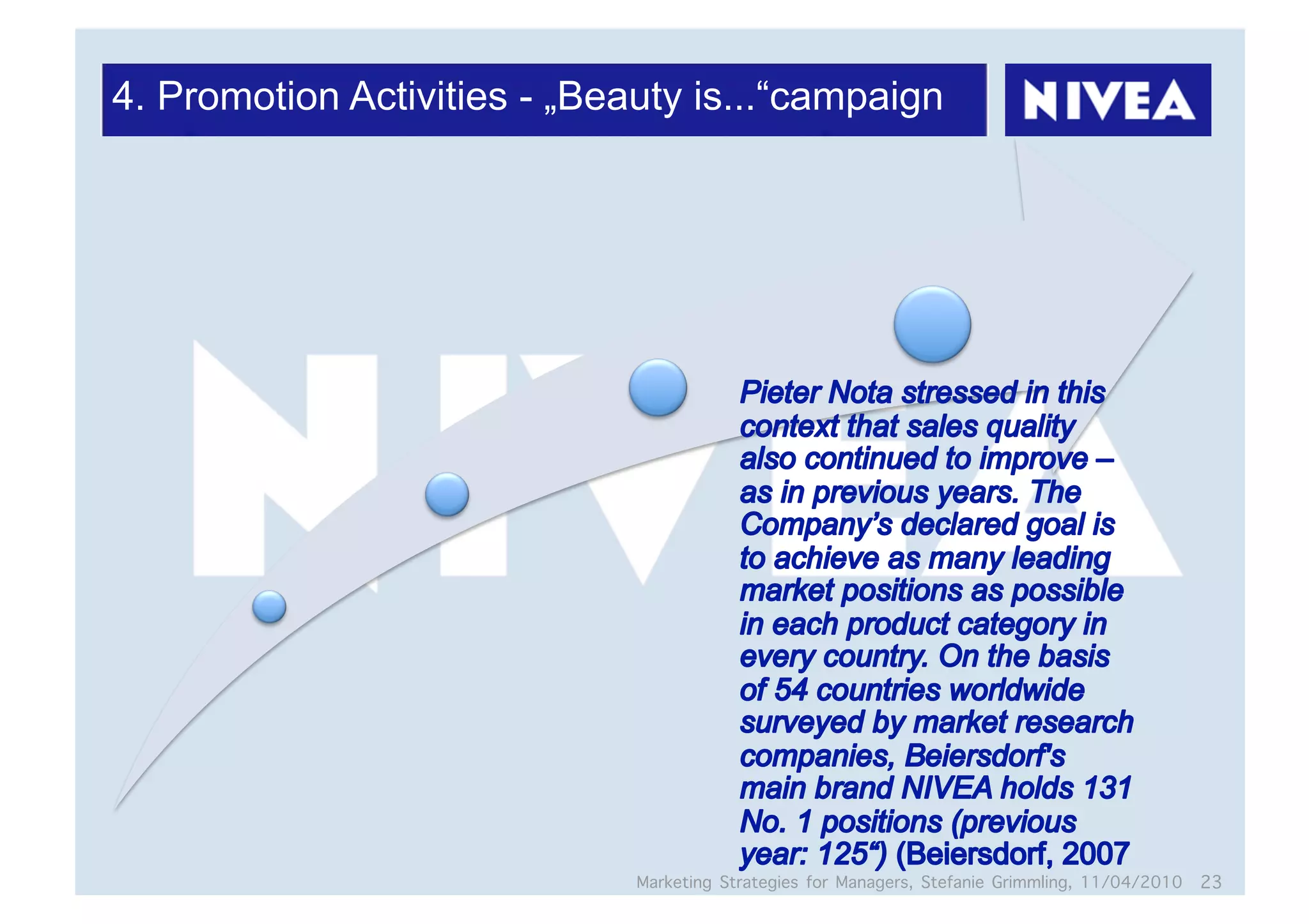 4. Promotion Activities - „Beauty is...“campaign




                              Marketing Strategies for Managers, Stefanie Grimmling, 11/04/2010 23
 