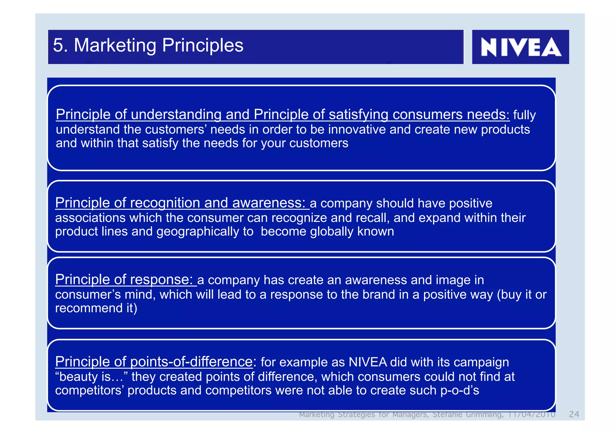 5. Marketing Principles


Principle of understanding and Principle of satisfying consumers needs: fully
understand the customers’ needs in order to be innovative and create new products
and within that satisfy the needs for your customers



Principle of recognition and awareness: a company should have positive
associations which the consumer can recognize and recall, and expand within their
product lines and geographically to become globally known


Principle of response: a company has create an awareness and image in
consumer’s mind, which will lead to a response to the brand in a positive way (buy it or
recommend it)



Principle of points-of-difference: for example as NIVEA did with its campaign
“beauty is…” they created points of difference, which consumers could not find at
competitors’ products and competitors were not able to create such p-o-d’s
                                           Marketing Strategies for Managers, Stefanie Grimmling, 11/04/2010   24
 