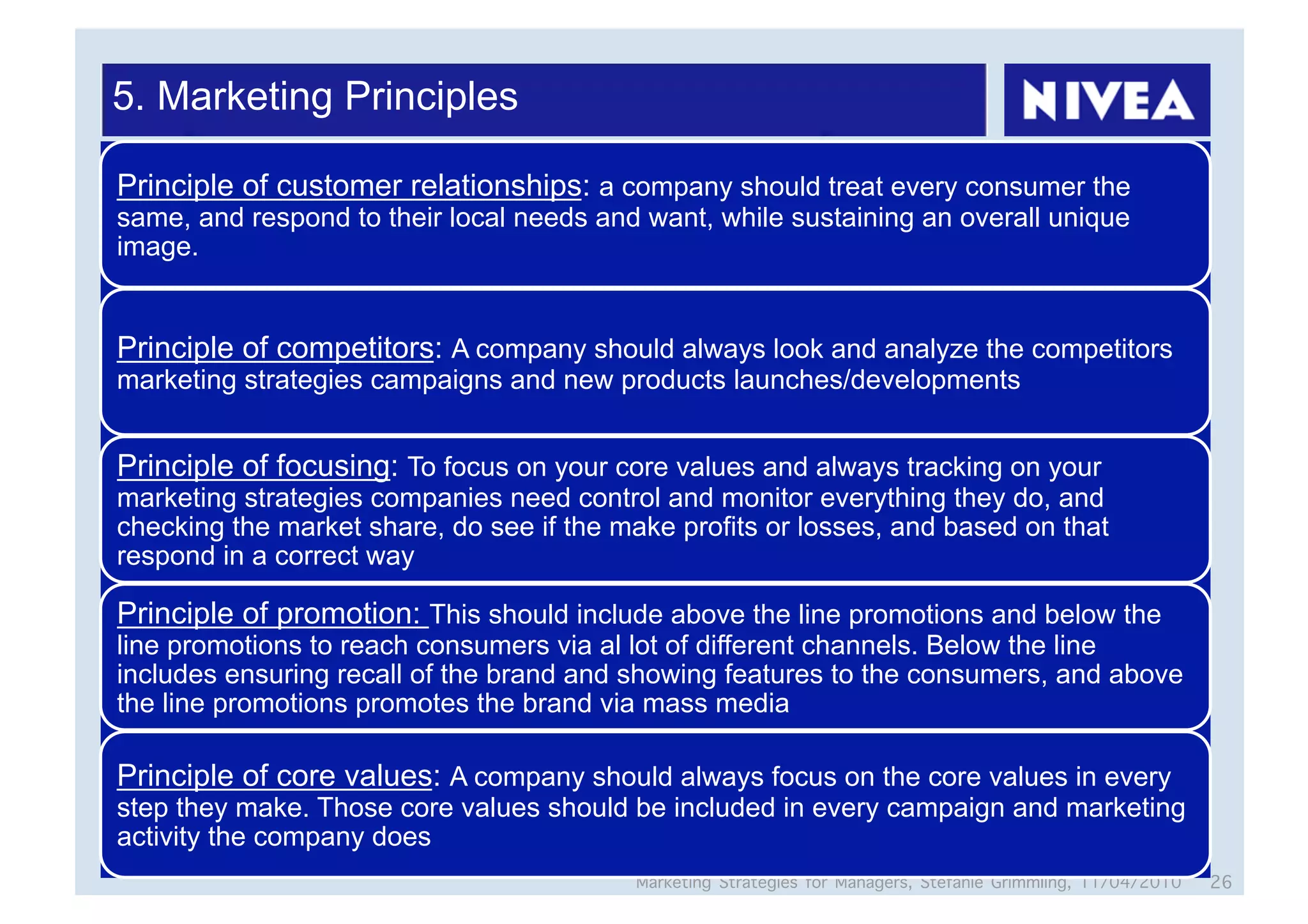 5. Marketing Principles

Principle of customer relationships: a company should treat every consumer the
same, and respond to their local needs and want, while sustaining an overall unique
image.


Principle of competitors: A company should always look and analyze the competitors
marketing strategies campaigns and new products launches/developments


Principle of focusing: To focus on your core values and always tracking on your
marketing strategies companies need control and monitor everything they do, and
checking the market share, do see if the make profits or losses, and based on that
respond in a correct way

Principle of promotion: This should include above the line promotions and below the
line promotions to reach consumers via al lot of different channels. Below the line
includes ensuring recall of the brand and showing features to the consumers, and above
the line promotions promotes the brand via mass media

Principle of core values: A company should always focus on the core values in every
step they make. Those core values should be included in every campaign and marketing
activity the company does
                                          Marketing Strategies for Managers, Stefanie Grimmling, 11/04/2010   26
 