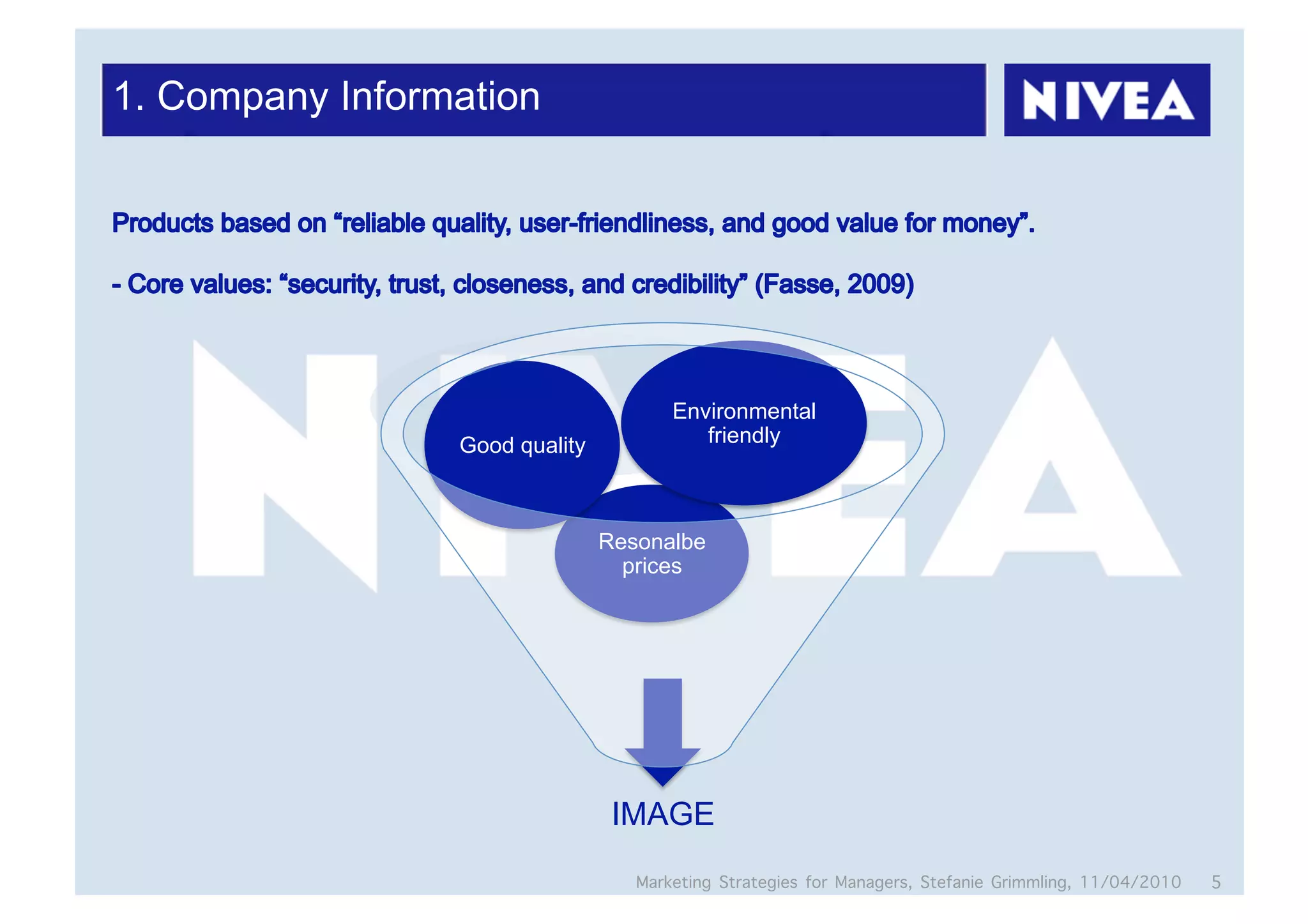 1. Company Information




                                       Environmental
                 Good quality             friendly



                                Resonalbe
                                  prices




                                 IMAGE
                                   Marketing Strategies for Managers, Stefanie Grimmling, 11/04/2010   5
 