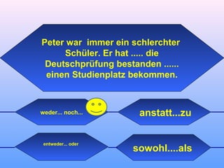 sowohl....als
entweder... oder
anstatt...zu
Peter war immer ein schlerchter
Schüler. Er hat ..... die
Deutschprüfung bestanden ......
einen Studienplatz bekommen.
weder... noch...
 