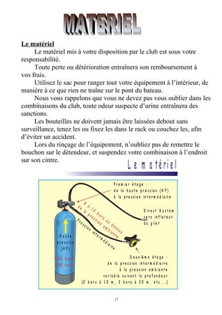 Le matériel
Le matériel mis à votre disposition par le club est sous votre
responsabilité.
Toute perte ou détérioration entraînera son remboursement à
vos frais.
Utilisez le sac pour ranger tout votre équipement à l’intérieur, de
manière à ce que rien ne traîne sur le pont du bateau.
Nous vous rappelons que vous ne devez pas vous oublier dans les
combinaisons du club, toute odeur suspecte d’urine entraînera des
sanctions.
Les bouteilles ne doivent jamais être laissées debout sans
surveillance, tenez les ou fixez les dans le rack ou couchez les, afin
d’éviter un accident.
Lors du rinçage de l’équipement, n’oubliez pas de remettre le
bouchon sur le détendeur, et suspendez votre combinaison à l’endroit
sur son cintre.
17
L e m a té ri e l
P r e m ie r é t a g e :
d e la h a u t e p r e s s io n ( H P )
à la p r e s s io n in t e r m é d ia ir e
D ir e c t S y s t e m
v e r s in f la t e u r
d u g ile t
D e u x iè m e é t a g e :
d e la p r e s s io n in t e r m é d ia ir e
à la p r e s s io n a m b ia n t e
v a r ia b le s u iv a n t la p r o f o n d e u r
( 2 b a r s à 1 0 m , 3 b a r s à 2 0 m , e t c . . . )
P r e s s io n
in t e r m é d ia ir e
8
à
1 0
b a r s
a u
d e s s u s
d e
la
p r e s s io n
a m b ia n t eH a u t e
p r e s s io n
( H P )
2 0 0 b a r s
2 3 0 b a r s
 