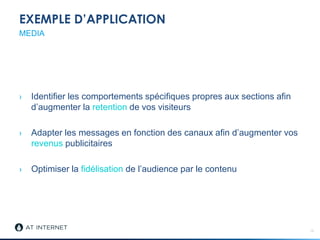 EXEMPLE D’APPLICATION
› Identifier les comportements spécifiques propres aux sections afin
d’augmenter la retention de vos visiteurs
› Adapter les messages en fonction des canaux afin d’augmenter vos
revenus publicitaires
› Optimiser la fidélisation de l’audience par le contenu
15
MEDIA
 