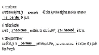 pesais
j‘ai perdu
j‘habitais j‘ai habité
parlais j’ai commencé
 