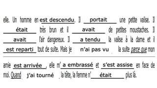 est descendu portait
était avait
avait a tendu
est reparti n’ai pas vu
est arrivée a embrassé s’est assise
j’ai tourné était
 