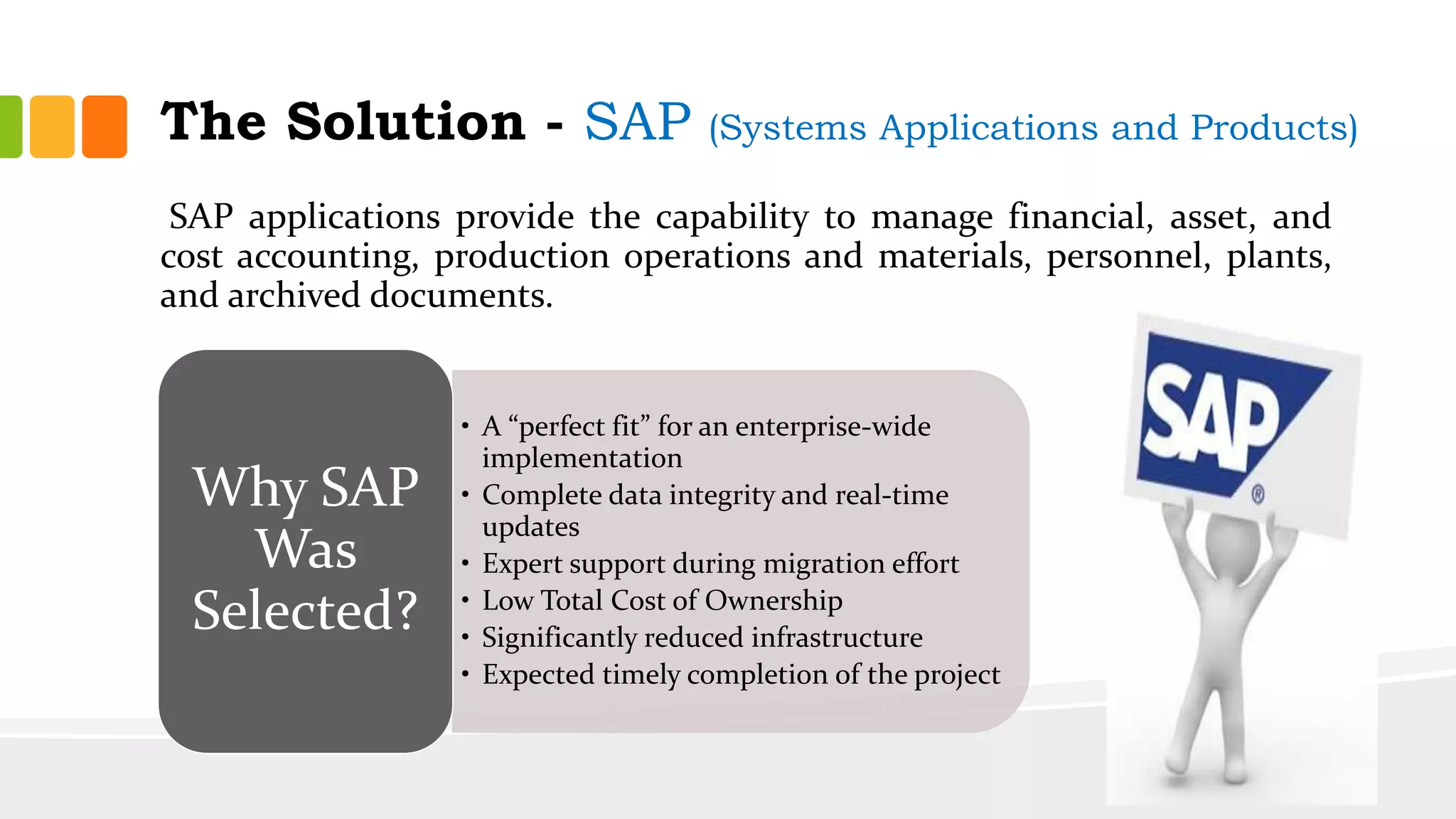 SAP applications provide the capability to manage financial, asset, and
cost accounting, production operations and materials, personnel, plants,
and archived documents.
The Solution - SAP (Systems Applications and Products)
• A “perfect fit” for an enterprise-wide
implementation
• Complete data integrity and real-time
updates
• Expert support during migration effort
• Low Total Cost of Ownership
• Significantly reduced infrastructure
• Expected timely completion of the project
Why SAP
Was
Selected?
 