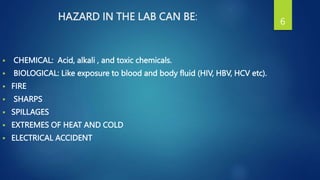 HAZARD IN THE LAB CAN BE:
 CHEMICAL: Acid, alkali , and toxic chemicals.
 BIOLOGICAL: Like exposure to blood and body fluid (HIV, HBV, HCV etc).
 FIRE
 SHARPS
 SPILLAGES
 EXTREMES OF HEAT AND COLD
 ELECTRICAL ACCIDENT
6
 