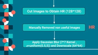 Cut Images to Obtain HR (128*128)
Manually Removed non useful images
Apply Gaussian Blur (7*7 Kernel ,
𝜎=uniform(0.5,5)) and Downscale (64*64)
HR
 