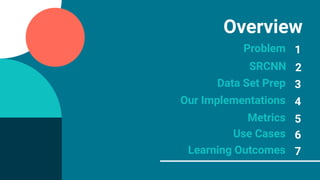 1Problem
2SRCNN
3Data Set Prep
4Our Implementations
5Metrics
6Use Cases
7Learning Outcomes
Overview
 