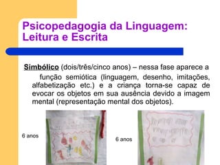 Psicopedagogia da Linguagem: Leitura e Escrita Simbólico  (dois/três/cinco anos) – nessa fase aparece a função semiótica (linguagem, desenho, imitações, alfabetização etc.) e a criança torna-se capaz de evocar os objetos em sua ausência devido a imagem mental (representação mental dos objetos).  6 anos 6 anos 