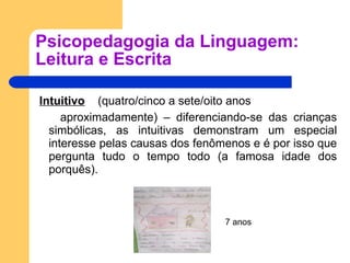 Psicopedagogia da Linguagem: Leitura e Escrita Intuitivo   (quatro/cinco a sete/oito anos aproximadamente) – diferenciando-se das crianças simbólicas, as intuitivas demonstram um especial interesse pelas causas dos fenômenos e é por isso que pergunta tudo o tempo todo (a famosa idade dos porquês). 7 anos 