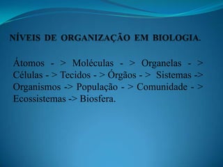 NÍVEIS DE ORGANIZAÇÃO EM BIOLOGIA. Átomos - > Moléculas - > Organelas - > Células - > Tecidos - > Órgãos - >  Sistemas -> Organismos -> População - > Comunidade - > Ecossistemas -> Biosfera. 
