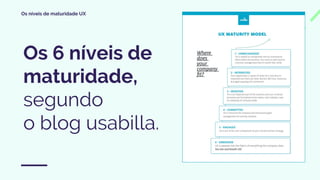Os níveis de maturidade UX
Os 6 níveis de
maturidade,
segundo
o blog usabilla.
 