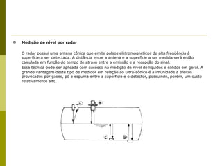 Medição de nível por radar O radar possui uma antena cônica que emite pulsos eletromagnéticos de alta freqüência à superfície a ser detectada. A distância entre a antena e a superfície a ser medida será então calculada em função do tempo de atraso entre a emissão e a recepção do sinal. Essa técnica pode ser aplicada com sucesso na medição de nível de líquidos e sólidos em geral. A grande vantagem deste tipo de medidor em relação ao ultra-sônico é a imunidade a efeitos provocados por gases, pó e espuma entre a superfície e o detector, possuindo, porém, um custo relativamente alto. 