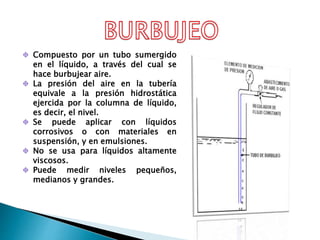 Compuesto por un tubo sumergido
en el líquido, a través del cual se
hace burbujear aire.
La presión del aire en la tubería
equivale a la presión hidrostática
ejercida por la columna de líquido,
es decir, el nivel.
Se puede aplicar con líquidos
corrosivos o con materiales en
suspensión, y en emulsiones.
No se usa para líquidos altamente
viscosos.
Puede medir niveles pequeños,
medianos y grandes.
 