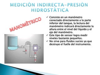  Consiste en un manómetro
conectado directamente a la parte
inferior del tanque, la lectura del
manómetro indicará directamente la
altura entre el nivel del líquido y el
eje del manómetro.
 Este tipo de sensor logra medir
niveles bastante pequeños.
 No sirve para fluidos sucios ya que
destruye el fuelle del instrumento.
 