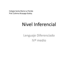 Nivel Inferencial
Lenguaje Diferenciado
IVº medio
Colegio Santa María La Florida
Prof. Zulema Alcayaga Godoy
 