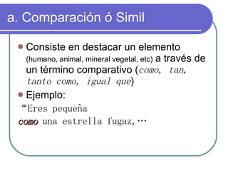 a. Comparación ó Simil Consiste en destacar un elemento (humano, animal, mineral vegetal, etc) a través de un término comparativo ( como, tan, tanto como, igual que ) Ejemplo: “ Eres pequeña como una estrella fugaz,…