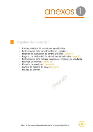 anexos 1


Registros de evaluación
 •    Caritas y/o fotos de situaciones emocionales.
 •    Instrucciones para cumplimentar los registros.
 •    Registro de evaluación de caritas y/o fotos. (anexo1)
 •    Registro de evaluación de situaciones emocionales (anexo2).
 •    Instrucciones para normas, sanciones y registros de conducta
 •    Relación de normas. (anexo 3).
 •    Relación de sanciones. (anexo 4)
 •    Control de normas de clase (anexo 5)
 •    Listado de premios




     NIVEL 1: documento de evaluación inicial y registros@Ambezar 
 