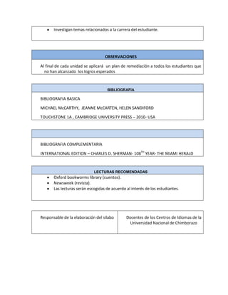 Investigan temas relacionados a la carrera del estudiante.
OBSERVACIONES
Al final de cada unidad se aplicará un plan de remediación a todos los estudiantes que
no han alcanzado los logros esperados
BIBLIOGRAFIA
BIBLIOGRAFIA BASICA
MICHAEL McCARTHY, JEANNE McCARTEN, HELEN SANDIFORD
TOUCHSTONE 1A , CAMBRIDGE UNIVERSITY PRESS – 2010- USA
BIBLIOGRAFIA COMPLEMENTARIA
INTERNATIONAL EDITION – CHARLES D. SHERMAN- 108TH
YEAR- THE MIAMI HERALD
LECTURAS RECOMENDADAS
Oxford bookworms library (cuentos).
Newsweek (revista).
Las lecturas serán escogidas de acuerdo al interés de los estudiantes.
Responsable de la elaboración del silabo Docentes de los Centros de Idiomas de la
Universidad Nacional de Chimborazo
 