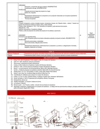URBANISMO:
- Descripción y comprensión del lugar (contexto). INTERPRETATIVO
- Caracterización del lugar. INTERPRETATIVO
TECNOLOGÍA:
- Propuesta estructural integral del proyecto en el lugar.
- Modelo 3D y maquetas.
EXPRESIÓN:
- Representación tridimensional de la composición con la proyección relacionada con el proyecto arquitectónico
aplicando técnica de expresión.
- Técnicas de expresión
UA3
DISEÑO:
-Proyecto Composición y entorno inmediato (acceso, circulaciones, terrazas, etc.) Relación interior – exterior. Y relación con
espacio de permanencia colectiva al exterior. Clima y medio ambiente.
-Plantas, cortes, fachadas en 1:100, 1:150. Planimetría con expresión y parte estructural del proyecto.
-Maqueta Esc. 1:100.
-Ejercicio Lecto-escritura: Competencia reflejada
-Plantas y cortes de proyección de sombras del proyecto en los solsticios y equinoccios.
URBANISMO:
Conclusión en los siguientes temas:
- Matriz comparativa grafica de principios ordenadores aplicados al proyecto de diseño. ARGUMENTATIVO
TECNOLOGIA:
- Elementos estructurales y materialidad.
- Planos estructurales y Maqueta sobre el terreno.
EXPRESIÓN:
- Representación bidimensional y tridimensional de la composición y su entorno, su diagramación en formatos,
tipografía y distribución en formatos.
40
Según
Programación
Académica
del semestre
HORA 10
Ejercicio Profesional Presentaciones que aportan conocimiento desde el ejercicio profesional para dar cuenta de la variedad de campos profesionales.
Historia Presentaciones desde la historia y teoría para fortalecer los conocimientos aplicados al proyecto arquitectónico.
BIBLIOGRAFÍA SUGERIDA
1. Ching, F D.K. (2012) Arquitectura, Forma, espacio y orden. Ed. Gustavo Gili. Barcelona.
2. Clark, R. H. 1997. Arquitectura: temas de composición.
3. Wicios wong, Fundamentos del diseño bidimensional
4. Unwing, S. 2003. Análisis de la Arquitectura. Gustavo Gili Ediciones. Barcelona.
5. Arnheim, R. 1978. La forma visual de la arquitectura. Gustavo Gili Ediciones. Barcelona
6. Bonell, C. La divina proporción: las formas geométricas. México 2000. Alfaomega Ediciones
7. Garrido, L. Análisis de proyectos de arquitectura sostenible. Madrid 2009. Mc Graw-Hill Ediciones
8. Phaidos Press. 10 X 10 /3: 100 architects, 10 critics. London 2009. Phaidos Press Editions
9. Weiss,P. Guia y Nora Yoo, Conditional design de anthony Di Mari Nora Yoo
10. I Solá-Morales, M. (2008) De cosas urbanas. Ed. Gustavo Gili, Barcelona
11. Di Mari, A., & Yoo, N. (2012). Operative Desing. A catalogue of spatial verbs. Amsterdam: BisPublishers.
12. Simitch Val Warke, A. (2015). Fundamentos de la Arquitectura. Beverly: Promopress.
13. Norberg-Schulz, Genus Loci
14. Geoffrey Howe Baker, Le Corbusier. Análisis de la forma,
15. Le Corbusier, El Modulor
16. Bernard Leupen... et al, Proyecto y análisis : evolución de los principios en arquitectura
17. Aprendizaje, composición y emplazamiento en el proyecto de arquitectura : un diálogo entre las aproximaciones analógica y tipológica estándares para el desarrollo
gráfico del proyecto. Bogotá 2005. CPNAA
BRIEF GRÁFICO
 