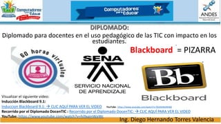 Ing. Diego Hernando Torres Valencia
DIPLOMADO:
Diplomado para docentes en el uso pedagógico de las TIC con impacto en los
estudiantes.
Blackboard = PIZARRA
Visualizar el siguiente video:
Inducción Blackboard 9.1:
Induccion Blackboard 9.1:  CLIC AQUÍ PARA VER EL VIDEO YouTube: https://www.youtube.com/watch?v=9DZAHRzMH60
Recorrido por el Diplomado DocenTIC : Recorrido por el Diplomado DocenTIC:  CLIC AQUÍ PARA VER EL VIDEO
YouTube: https://www.youtube.com/watch?v=hi9xainWaWc
 
