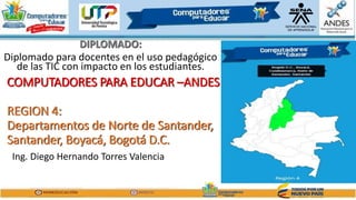 DIPLOMADO:
Diplomado para docentes en el uso pedagógico
de las TIC con impacto en los estudiantes.
Ing. Diego Hernando Torres Valencia
COMPUTADORES PARA EDUCAR –ANDES
REGION 4:
Departamentos de Norte de Santander,
Santander, Boyacá, Bogotá D.C.
 