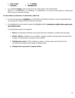 1. Luna de miel. 2. El conflicto
3. Comunión 4. Multiplicación
1. La variedad del tiempo usado en cada uno de los cuatro puntos vistos anteriormente.
(Que son , 1. El Rompehielo, 2. La Alabanza, 3. La Edificación, 4. La vision.) de una reunión es evidencia por
la fase en que se encuentra el grupo.
M. MULTIPLICACION DE UN GRUPO DE AMISTAD
1. La razón más grande para multiplicar es la dificultad en desarrollar comunión a causa de demasiadas líneas
de comunicación. (Mucha gente hace difícil la comunión)
2. La multiplicación sucede cuando el grupo tiene 12 a 15 miembros consistentes, estables, fieles, gente con la
que se puede contar.
A. Hay diferentes maneras de multiplicar.
1. Pionero, El Líder deja al asistente con la mayor parte de los miembros y el líder inicia otro grupo.
2. Modelo Anfitrión, multiplicar con un anfitrión, cualquier miembro del grupo puede que quiera abrir
su hogar e invitar personas y presentar el tema en DVD.
3. Multiplicación propia, El Líder multiplica su grupo y el mismo sigue como líder de los dos,
convirtiendo dos reuniones de un grupo en diferentes días.
4. Multiplicación Exponencial: Campaña 40 Días
12
 