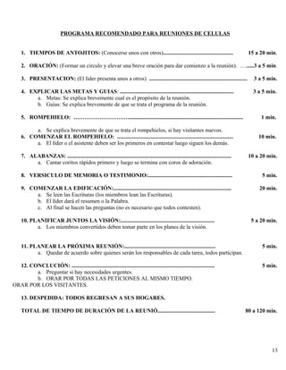 PROGRAMA RECOMENDADO PARA REUNIONES DE CELULAS
1. TIEMPOS DE ANTOJITOS: (Conocerse unos con otros).................................................. 15 a 20 min.
2. ORACIÓN: (Formar un circulo y elevar una breve oración para dar comienzo a la reunión). …......3 a 5 min.
3. PRESENTACION: (El líder presenta unos a otros) ...................................................................... 3 a 5 min.
4. EXPLICAR LAS METAS Y GUIAS: ................................................................................. 3 a 5 min.
a. Metas: Se explica brevemente cual es el propósito de la reunión.
b. Guías: Se explica brevemente de que se trata el programa de la reunión.
5. ROMPEHIELO: …………………………................................................................................. 1 min.
a. Se explica brevemente de que se trata el rompehielos, si hay visitantes nuevos.
6. COMENZAR EL ROMPEHIELO: ................................................................................... 10 min.
a. El líder o el asistente deben ser los primeros en contestar luego siguen los demás.
7. ALABANZAS: ..................................................................................................................... 10 a 20 min.
a. Cantar coritos rápidos primero y luego se termina con coros de adoración.
8. VERSICULO DE MEMORIA O TESTIMONIO:............................................................ 5 min.
9. COMENZAR LA EDIFICACIÓN:.................................................................................... 20 min.
a. Se leen las Escrituras (los miembros lean las Escrituras).
b. El líder dará el resumen o la Palabra.
c. Al final se hacen las preguntas (no es necesario que todos contesten).
10. PLANIFICAR JUNTOS LA VISIÓN:................................................................... 5 a 20 min.
a. Los miembros convertidos deben tomar parte en los planes de la visión.
11. PLANEAR LA PRÓXIMA REUNIÓN:................................................................. 5 min.
a. Quedar de acuerdo sobre quienes serán los responsables de cada tarea, todos participan.
12. CONCLUCIÓN: ...................................................................................................... 5 min.
a. Preguntar si hay necesidades urgentes.
b. ORAR POR TODAS LAS PETICIONES AL MISMO TIEMPO.
ORAR POR LOS VISITANTES.
13. DESPEDIDA: TODOS REGRESAN A SUS HOGARES.
TOTAL DE TIEMPO DE DURACIÓN DE LA REUNIÓ......................................... 80 a 120 min.
13
 