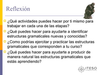 Reflexión
 ¿Qué actividades puedes hacer por ti mismo para
  trabajar en cada una de las etapas?
 ¿Qué puedes hacer para ayudarte a identificar
  estructuras gramaticales nuevas y conocidas?
 ¿Como podrías ejercitar y practicar las estructuras
  gramaticales que corresponden a tu curso?
 ¿Qué puedes hacer para ayudarte a producir de
  manera natural las estructuras gramaticales que
  estás aprendiendo?
 